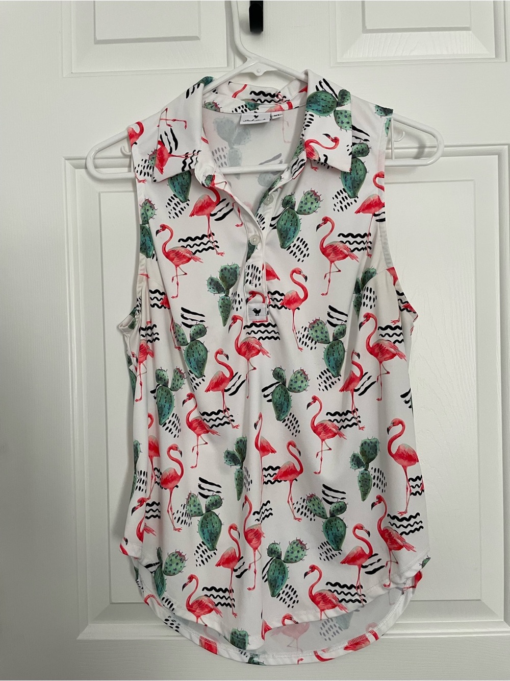 Bad Birdie White Sleeveless Flamingo & Cactus Button-Front Top